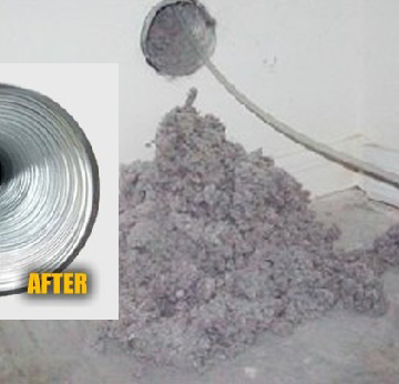 Split image showing lint-filled dryer vent before cleaning and clean vent after service